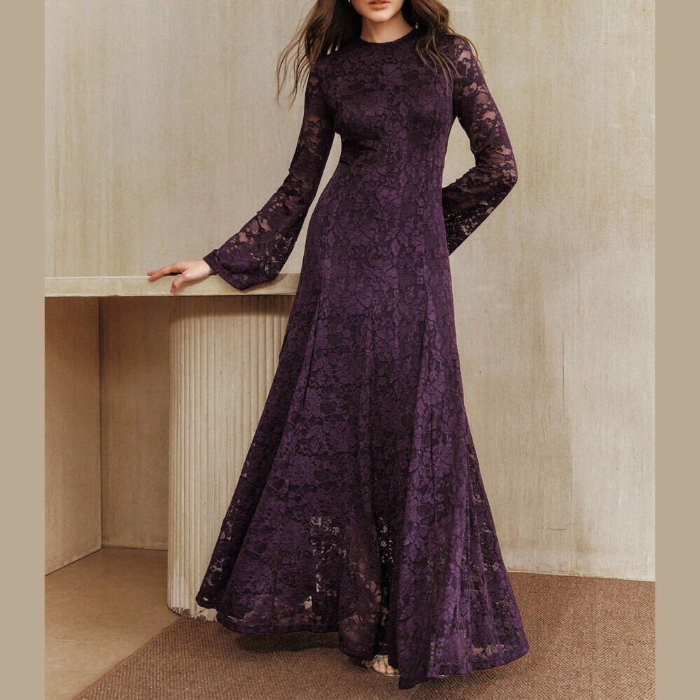 Plum Purple Floral Lace Bell Sleeve Stand Collar A-Line Maxi Dress